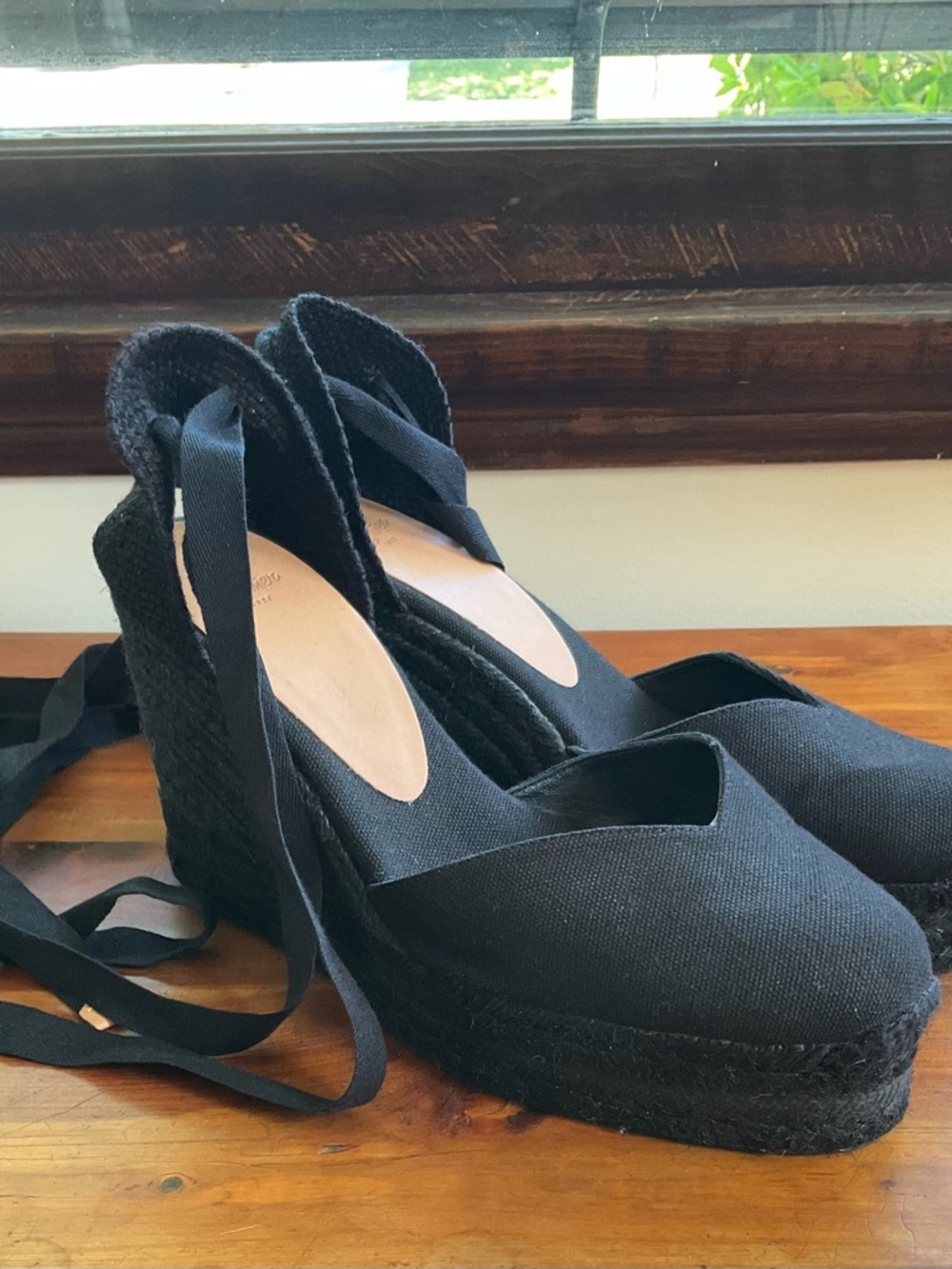 Castañer Carina Iconic Black Wedge Espadrilles with Lace-up Ties, Size 39